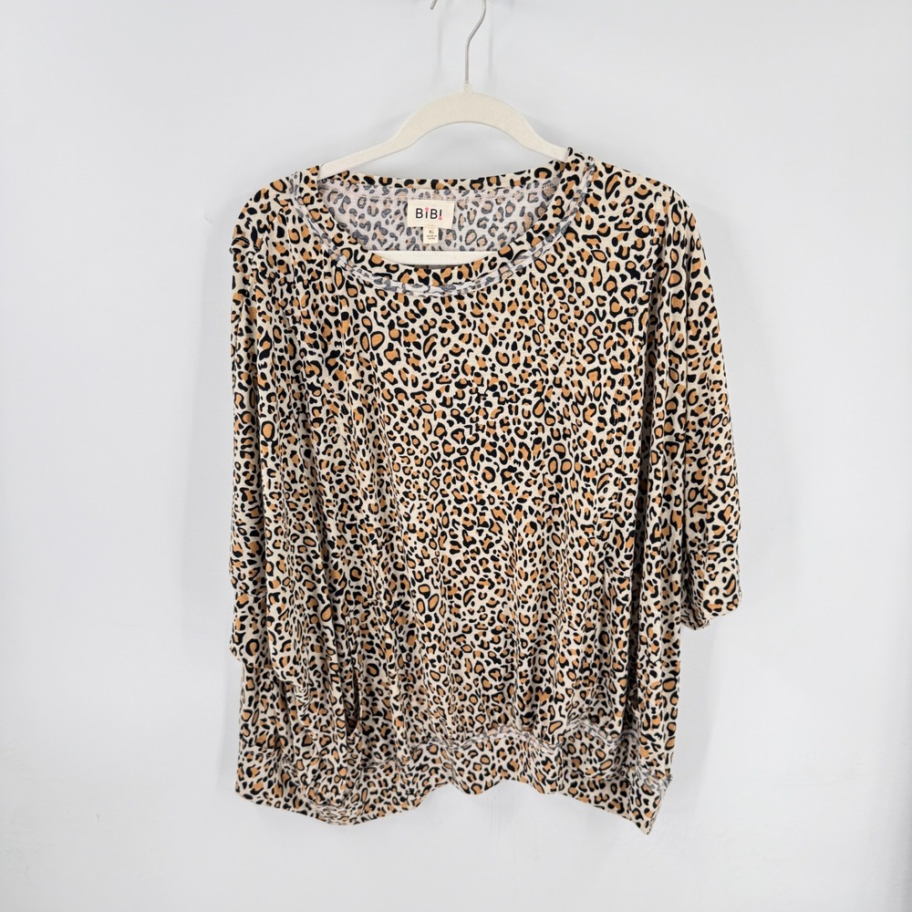 BiBi Leopard Print Tunic Top Dolman Sleeve Knit Pockets Relaxed Scoop Neck XL